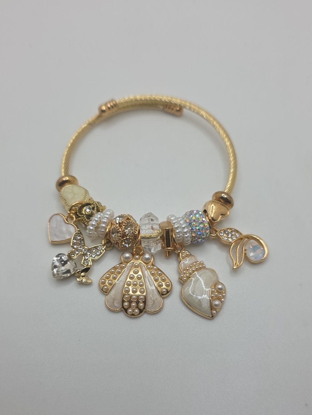 Gold-Tone Shell & Heart Charm Bracelet with White Accents